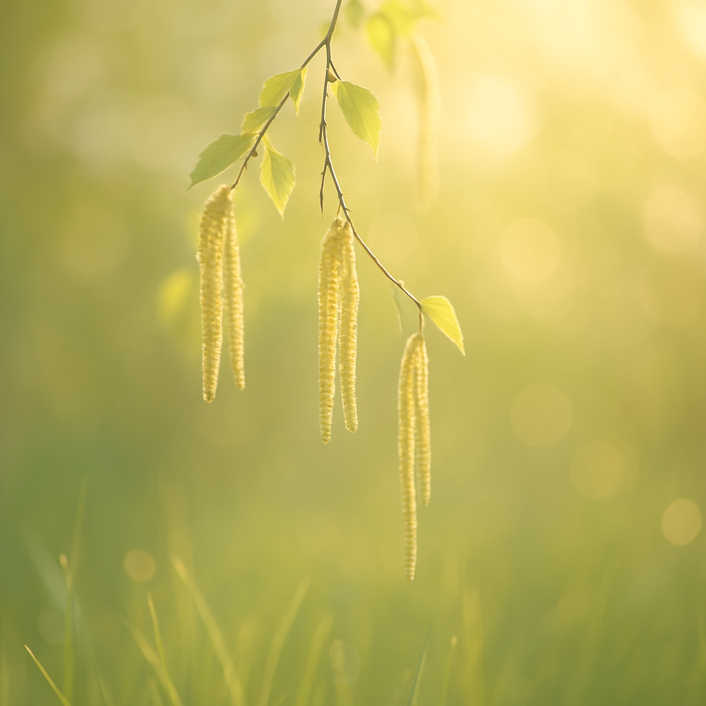 Gras- und Baumpollenkätzchen im Gegenlicht der Frühlingssonne