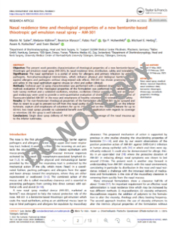 Erste Seite der Publikation: Nasal residence time and rheological properties of a new bentonite-based thixotropic gel emulsion nasal spray – AM-301